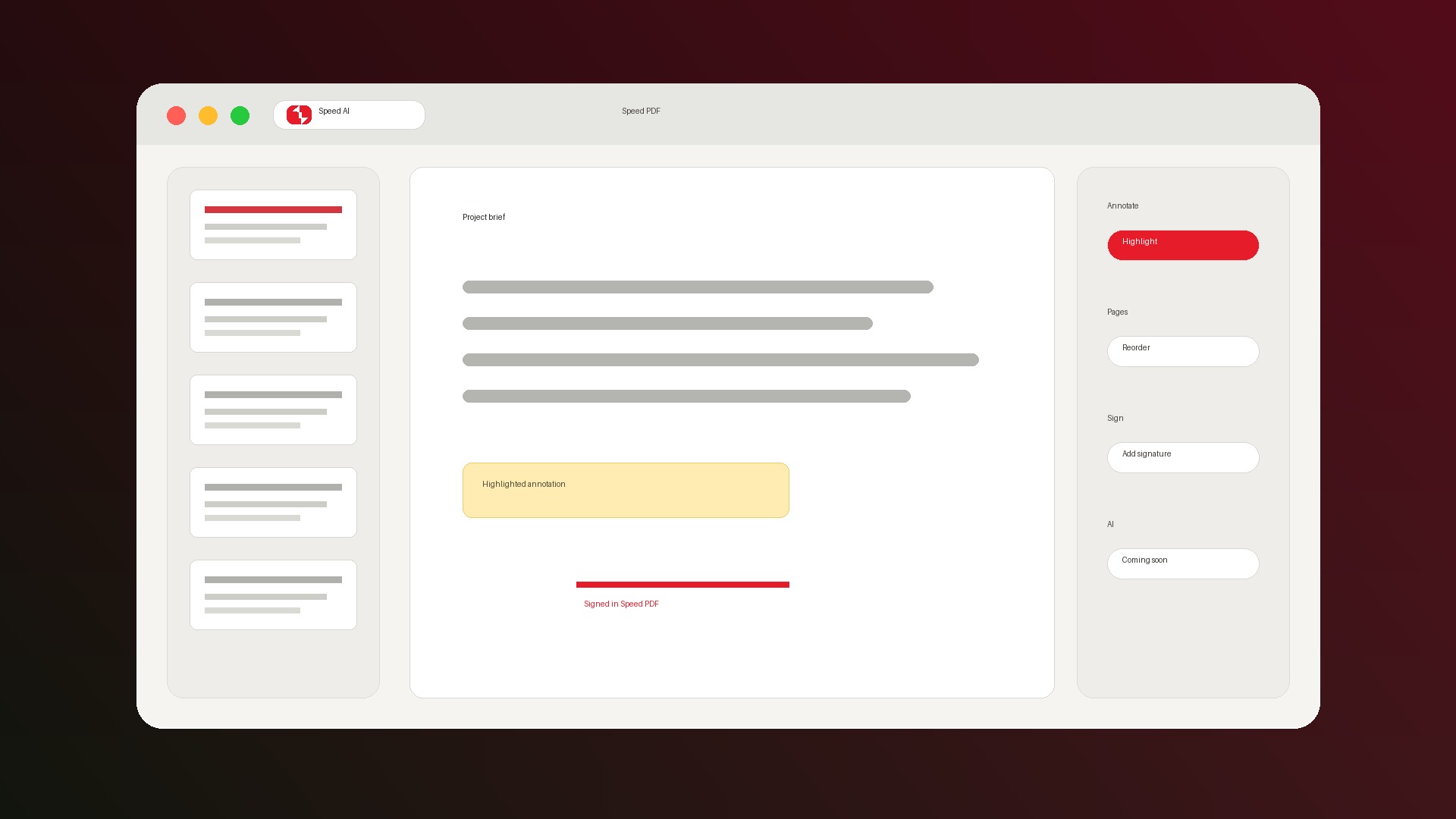 Speed PDF reader and editor interface